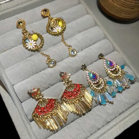 Vintage Ethnic Fan Shaped Tassel Drop Earrings For Women With 925 Sterling Silver Earring Post Alloy Enamel Flower Bohemian