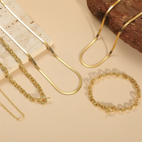 Collar Pulsera Joyería De Cobre Bañado En Oro De 14K Vintage Cadena De Serpiente Ondulada Cierre De Palanca Minimalista