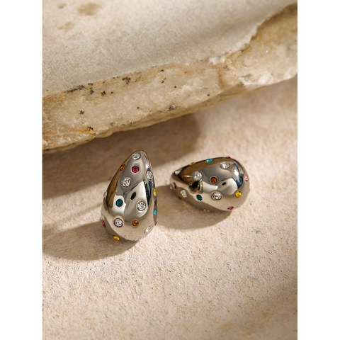 Teardrop Stud Earrings Stainless Steel Colorful Rhinestone Niche Design Mirror Polished For Women Fashion Modern