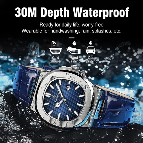 Luxury Men Fashion Quartz Watch Waterproof Luminous Date Octagonal Alloy Case Genuine Leather Strap Business Casual Wristwatch