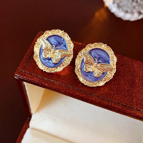 French Vintage Palace Style Butterfly Stud Earrings Alloy With Silver Earring Post Round Enamel Relief Retro Jewelry For Women