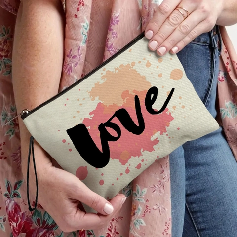 Borsa Cosmetica In Lino Con Cerniera Pochette Trucco Stampa Love Organizzatore Da Viaggio Portatile Borsa Da Polso
