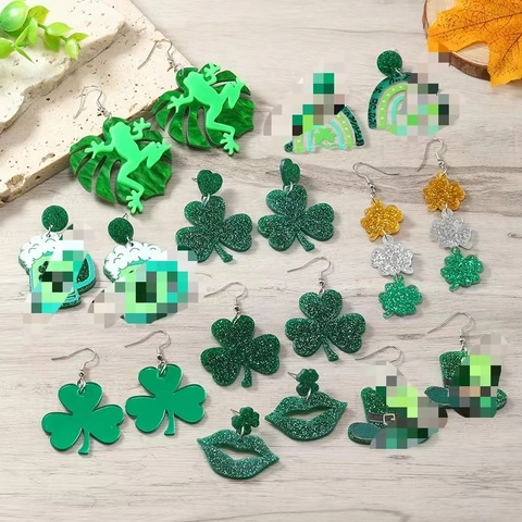 St. Patricks Day Hängeohrringe Grün Acryl Glitzer Kleeblatt Frosch Lippen Hut Form Feiertagsschmuck Für Damen