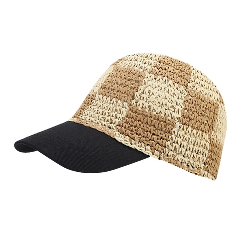 Handmade Straw Woven Baseball Cap Checkerboard Pattern Breathable Sun Protection Adjustable Leather Strap Summer Sun Hat