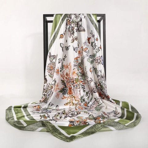Elegant Butterfly Floral Print Square Scarf Satin Polyester Large Headscarf Shawl Sun Protection For Women
