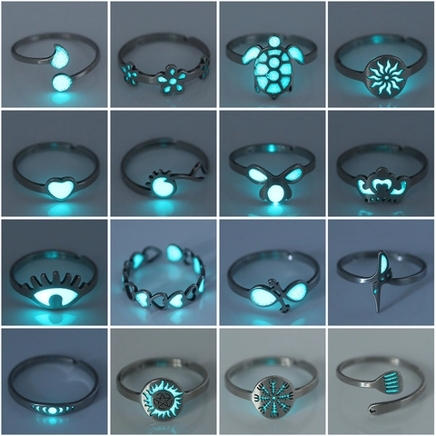 Halloween Stainless Steel Luminous Ring Glow In The Dark Adjustable Open Finger Ring Geometric Heart Star Ring For Women Jewelry