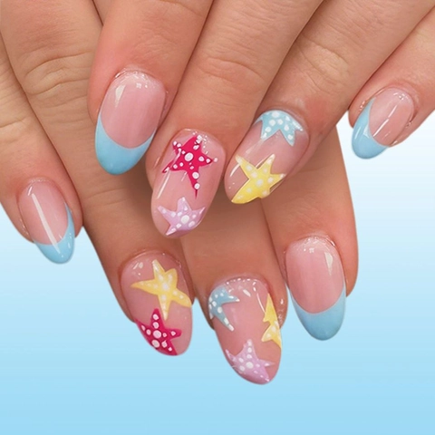 Unghie Finte Ovali French Blu Resina ABS Lucida Motivo Stella Marina Estate Stile Dolce Semplice Donne