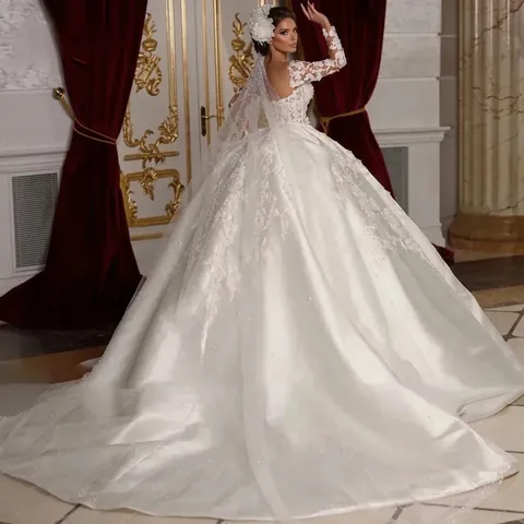 Vestido De Novia De Lujo Encaje Satén Mangas Largas Cuello En V Vestido De Baile Bordado Lentejuelas Boda Formal Para Mujeres