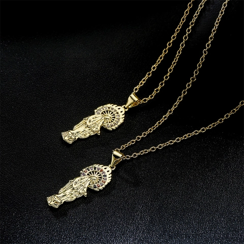 Collana Con Pendente Vergine Maria Religiosa Rame Placcato Oro Con Zirconia Gioielli Vintage Per Donna
