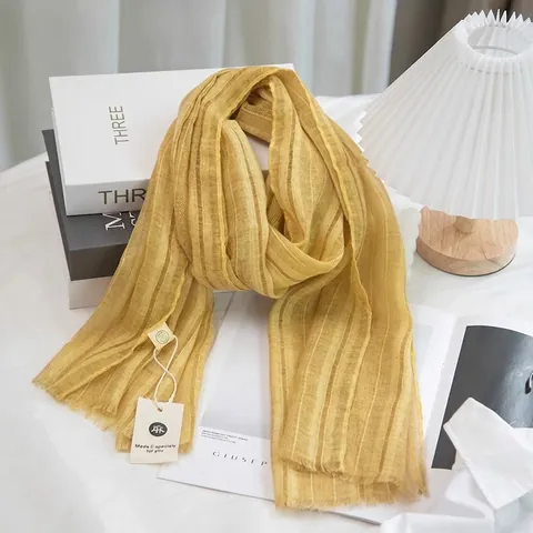 Sciarpa In Cotone E Lino Sottile Traspirante A Righe Protezione Solare Foulard Stile Coreano Elegante Versatile Moda Scialle Lungo