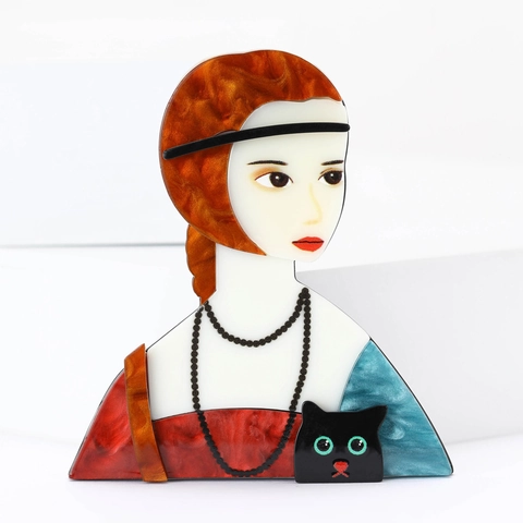 Cartoon Acrylic Girl And Cat Brooch Creative Enamel Pin For Women Suit Cardigan Corset Daily Accessory Fashion Jewelry