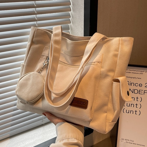 Large Canvas Tote Bag Women With Round Coin Purse High Capacity Shoulder Bag Multi Pocket School Travel Casual Handbag