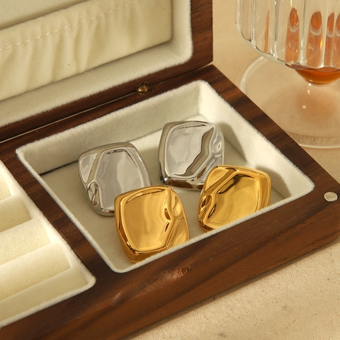 Irregular Square Stud Earrings 18K Gold Plated Stainless Steel With Silver Earring Post Wrinkled Geometric For Women