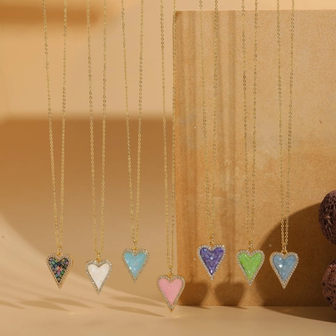 Heart Pendant Necklace Copper Zircon Shell Mosaic 14K Gold Plated Sparkling Geometric Clavicle Chain Jewelry For Women