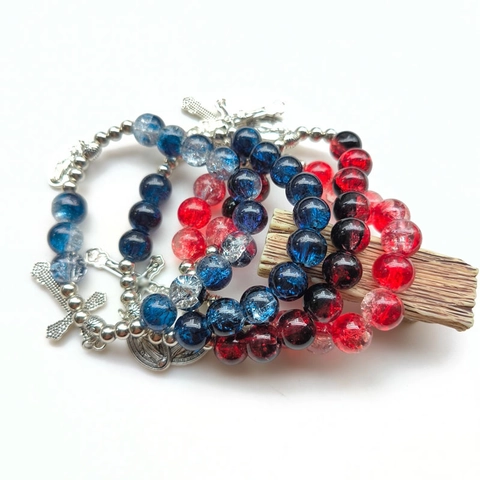 Pulsera Religiosa De Cuentas Cruz Vidrio Craquelado Acrílico Aleación Medalla De María Joyería Elástica Unisex