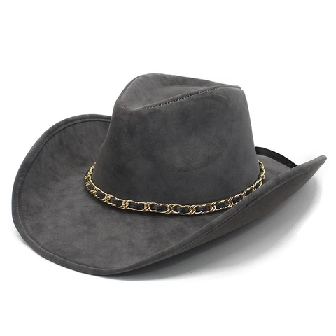 Cappello Da Cowboy Western Pelle PU Tesa Larga Catena Di Metallo Retro Stile Etnico Per Viaggi All Aperto Protezione Solare