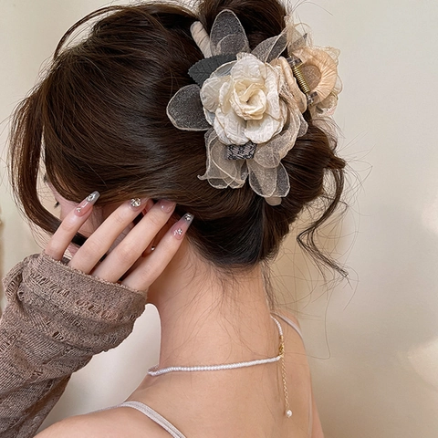 Grande Pince À Cheveux Fleur Rose En Maille Élégante Pince À Cheveux En Organza Style Rétro Français Accessoires Pour Femmes