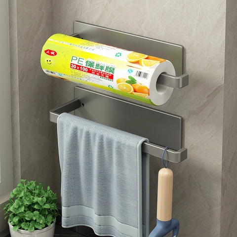 Porta Rotolo Carta Cucina Parete Alluminio Scaffale Pellicola Adesivo Senza Foro Minimalista Grigio Moderno