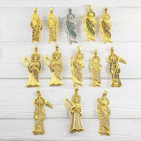 Pendente Figura Religiosa Rame Placcato Oro Micro Intarsio Zircone San Giuda Santa Muerte Gioielli Hip Hop Fascino
