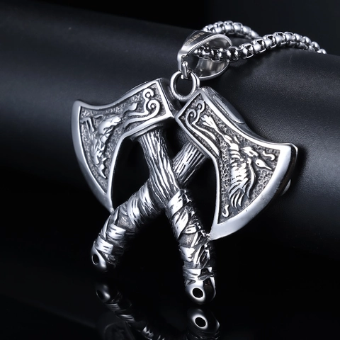 Viking Double Axe Pendant Necklace Stainless Steel Vintage Nordic Mythology Gothic Style Carved Jewelry For Men Boys