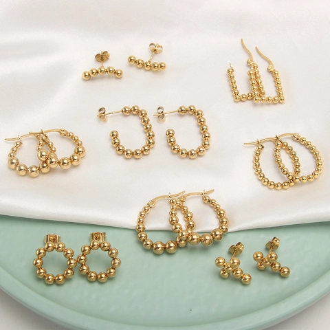 Gold Plated Stainless Steel Beaded Hoop Earrings With 925 Sterling Silver Earring Post Geometric Ball Studs For Women