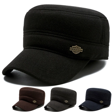Gorra Militar Hombre Lana Flat Top Sombrero Invierno Cálido Protección Orejas Hebilla Ajustable Insignia Metal Vintage