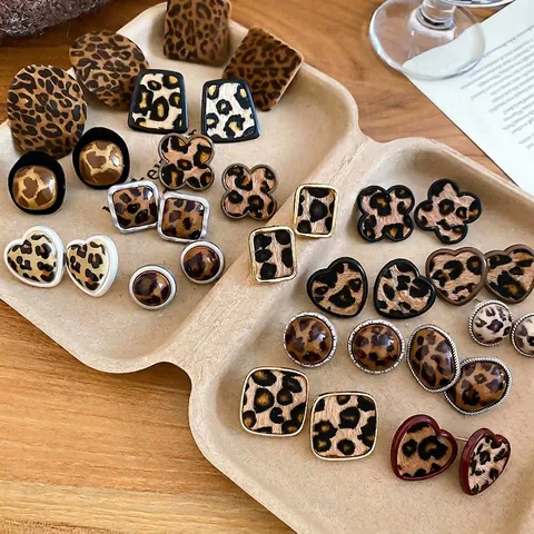 Leopard Print Flocked Stud Earrings Alloy Geometric Heart Square With Silver Earring Post Retro Autumn Winter For Women