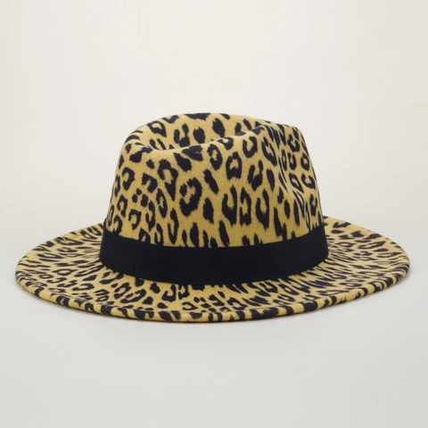 Luipaardprint Fedora Hoed Polyester Vilt Brede Rand Met Zwarte Band Retro Jazz Stijl Unisex