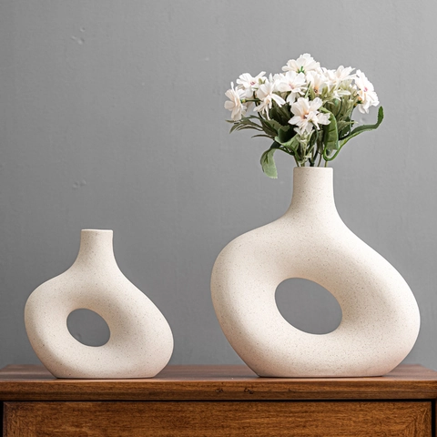 Ceramic Vase Matte Speckled Hollow Donut Shape Minimalist Nordic Style Flower Pot Living Room Desktop Home Decor Props