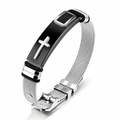 Herren Edelstahl Kreuz Netzarmband Verstellbar Milanese Stil Religiöser Punk Mode Armband