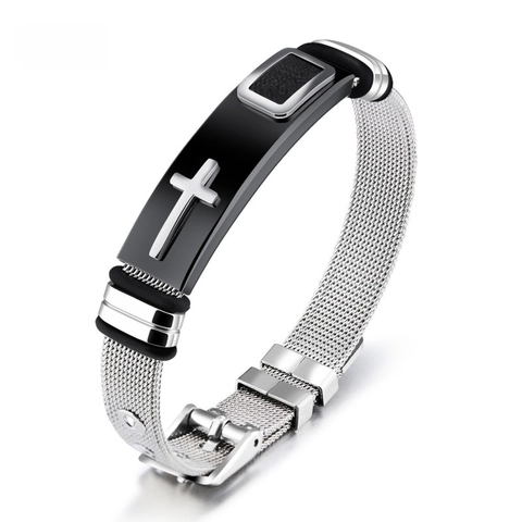 Men Stainless Steel Cross Mesh Band Bracelet Adjustable Milanese Style Religious Punk Fashion Wristband