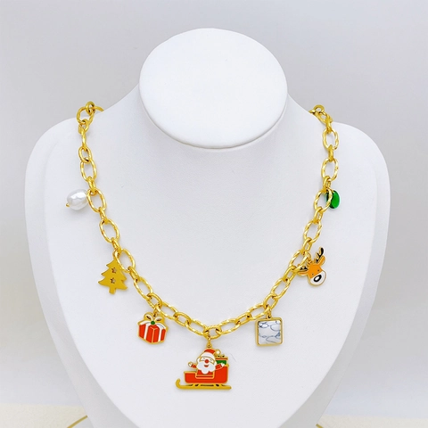 Joyas de Navidad de Acero Inoxidable para Mujer Papá Noel Reno Collar Pulsera Pendientes de Botón Perla Artificial Adorno Festivo