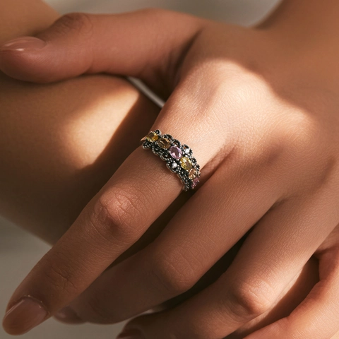 925 Sterling Silver Vintage Ring With Multi Color Oval Gemstones And Cubic Zirconia Retro Style Jewelry For Women