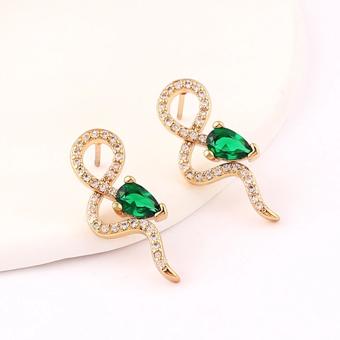 Snake Stud Earrings Gold Plated Brass With Green Pear Gemstone Micro Pave Fashion Jewelry For Women