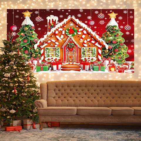 Kerst Achtergrond Tapijt Gemberkoekhuisje Kerstboom Sneeuwvlok Polyester Wandkleed Voor Feestdag Decoratie Huisdecoratie
