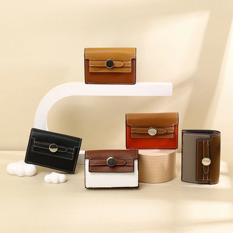 Women PU Leather Card Holder Wallet Multi Slots Accordion Design Metal Button Closure Contrast Color Retro Small Purse
