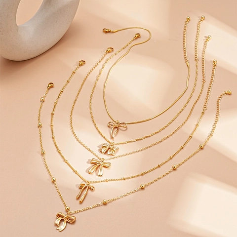 Bow Knot Pendant Multilayer Choker Necklaces Copper Alloy Metal Link Chain Trendy Jewelry For Women