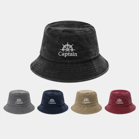 Vintage Washed Cotton Bucket Hat Captain Rudder Embroidery Nautical Fisherman Cap Sunshade Accessory For Unisex