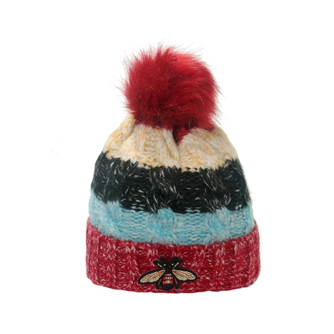 Women Warm Knitted Beanie Hat Striped Pattern Bee Embroidery Faux Fur Pom Pom Thickened Winter Outdoor Fashion