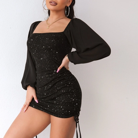Square Neck Lantern Long Sleeve Mini Dress Ruched Drawstring Shimmer Bodycon Sexy Party Clubwear For Women