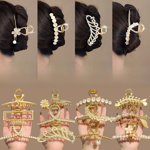 Fashion Geometric Metal Plating Artificial Pearls Rhinestones Opal Hair Claws