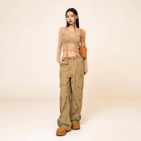 Cargo Hose Damen Baumwolle Verstellbar Multi Tasche Hohe Taille Weites Bein Retro Streetwear Khaki Hose