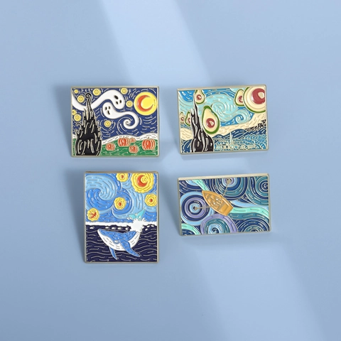 Ensemble d'Épingles en Émail Nuit Étoilée de Van Gogh Broche Artistique en Alliage de Zinc Avocat Baleine Halloween Citrouille Fantôme
