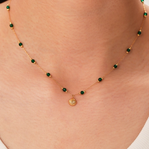 Collar Con Colgante De Concha Acero Inoxidable Chapado En Oro De 18K Cuentas Verdes Estilo Minimalista Francés Joyería