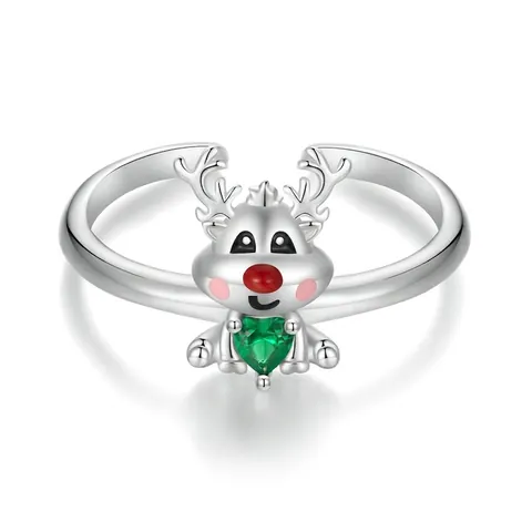 925 Sterling Silver Reindeer Christmas Ring For Women Adjustable Green Heart Zirconia Enamel Animal Opening Finger Ring Jewelry