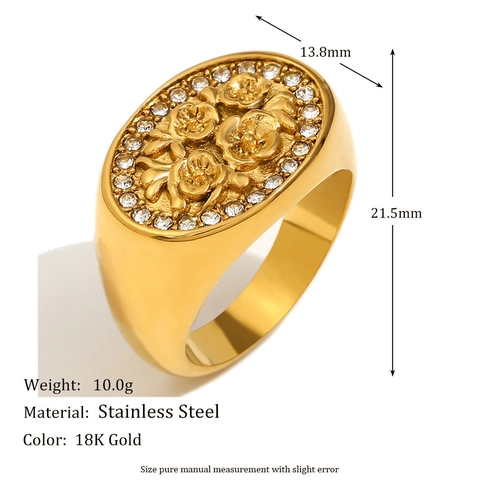 Vintage Floral Signet Ring 18K Gold Plated Stainless Steel Oval Embossed Flower White Cubic Zirconia Inlaid For Women