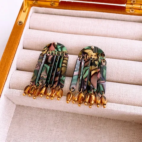 Vintage Tassel Earrings With 925 Sterling Silver Earring Post Acrylic Glass Shell Multicolor Marble Pattern For Women