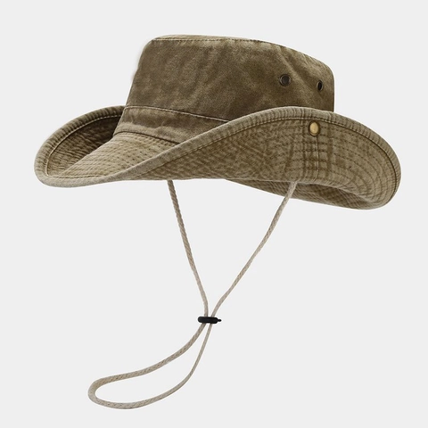 Sombrero De Pescador De Algodón Lavado De Ala Ancha Estilo Vaquero Retro Protección Solar Al Aire Libre Con Cuerda Ajustable