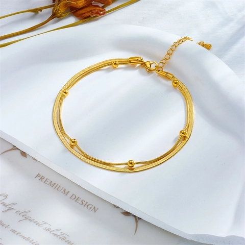 Double Layer Stainless Steel Gold Plated Snake Bone Chain Anklet With Beads For Women Minimalist Summer Beach Travel Jewelry