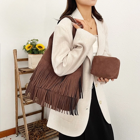 Sac À Épaule En Daim À Franges Bohème Grand Cabas À Gland Avec Pochette Intérieure Vintage Femme Décontracté